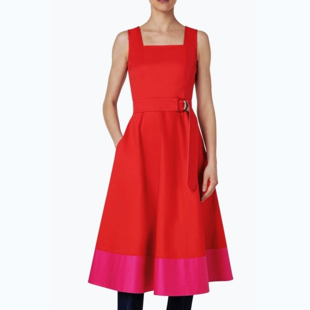 Akris Punto Color Border Belted Cotton Poplin Midi Dress Red Size 6 US New NWT
